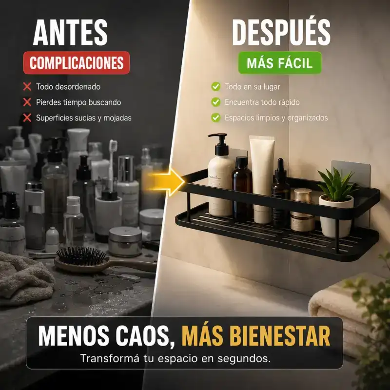 Estante organizador de aluminio instalado en baño — vista lateral